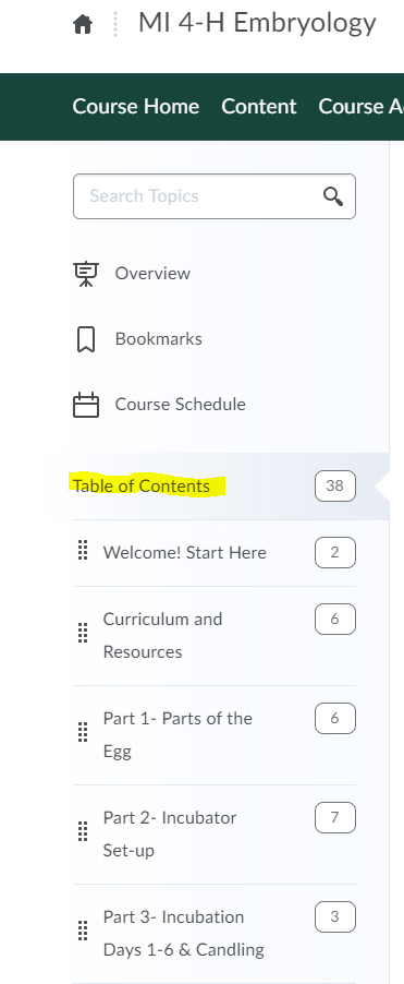 Picture of D2L course side navigation with Table of Contents highlighted.